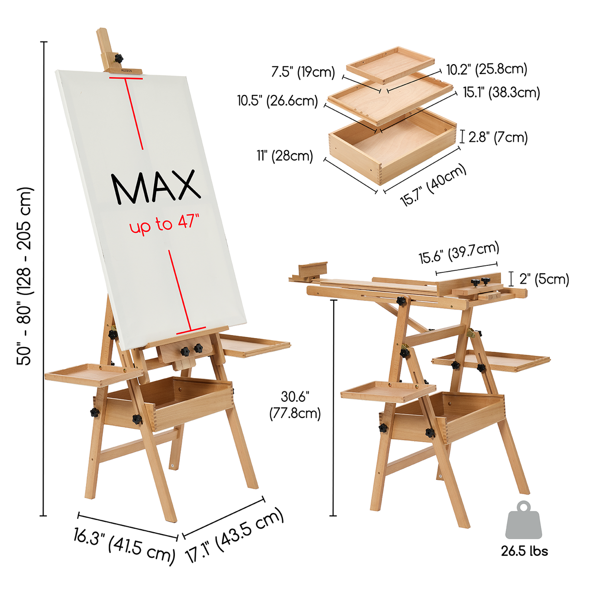 Meeden Large Wooden Painting Easel with Storage Drawer and Palette Holders