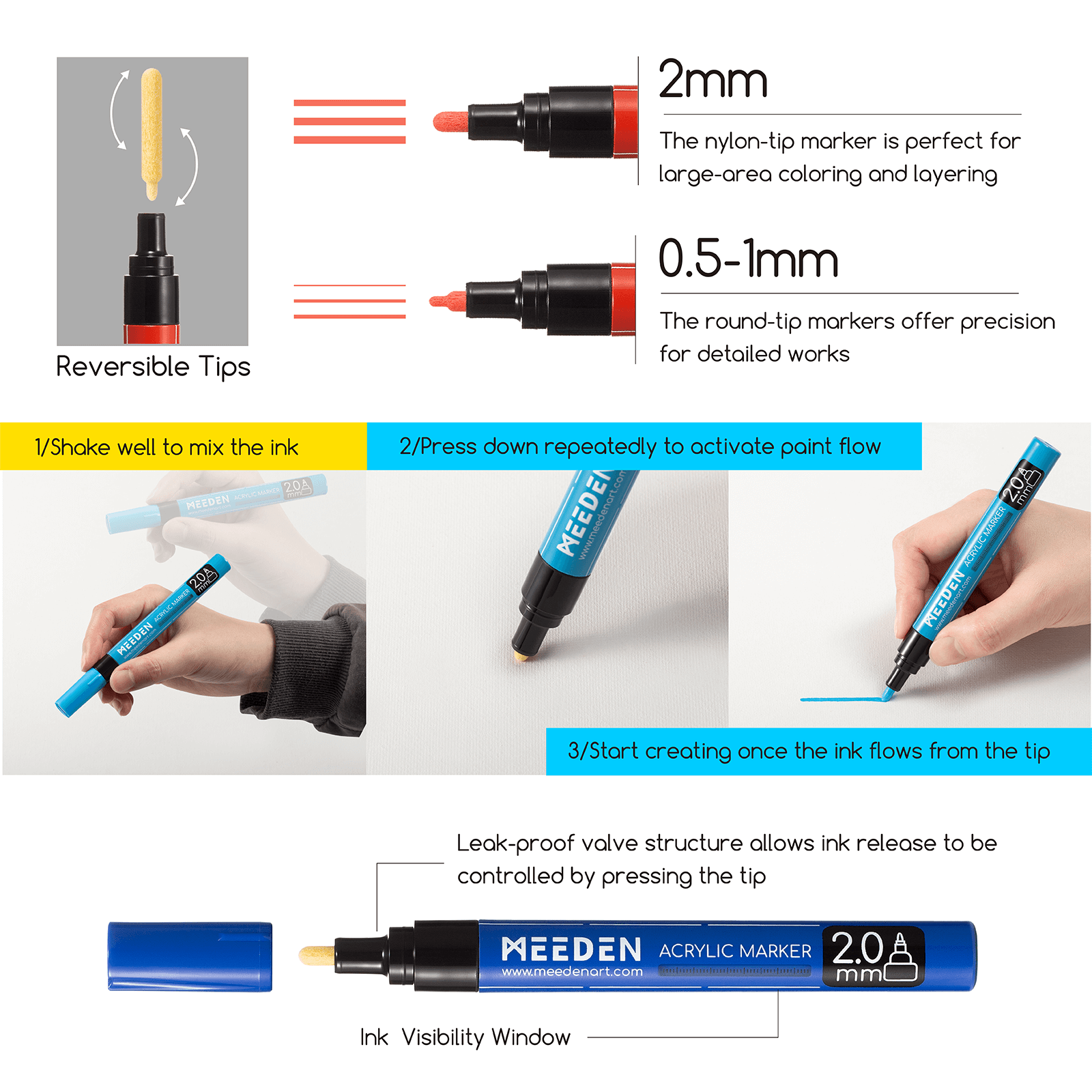MEEDEN Acrylic Markers Set - 30 Colors, Paint Pens with Reversible Medium & Fine