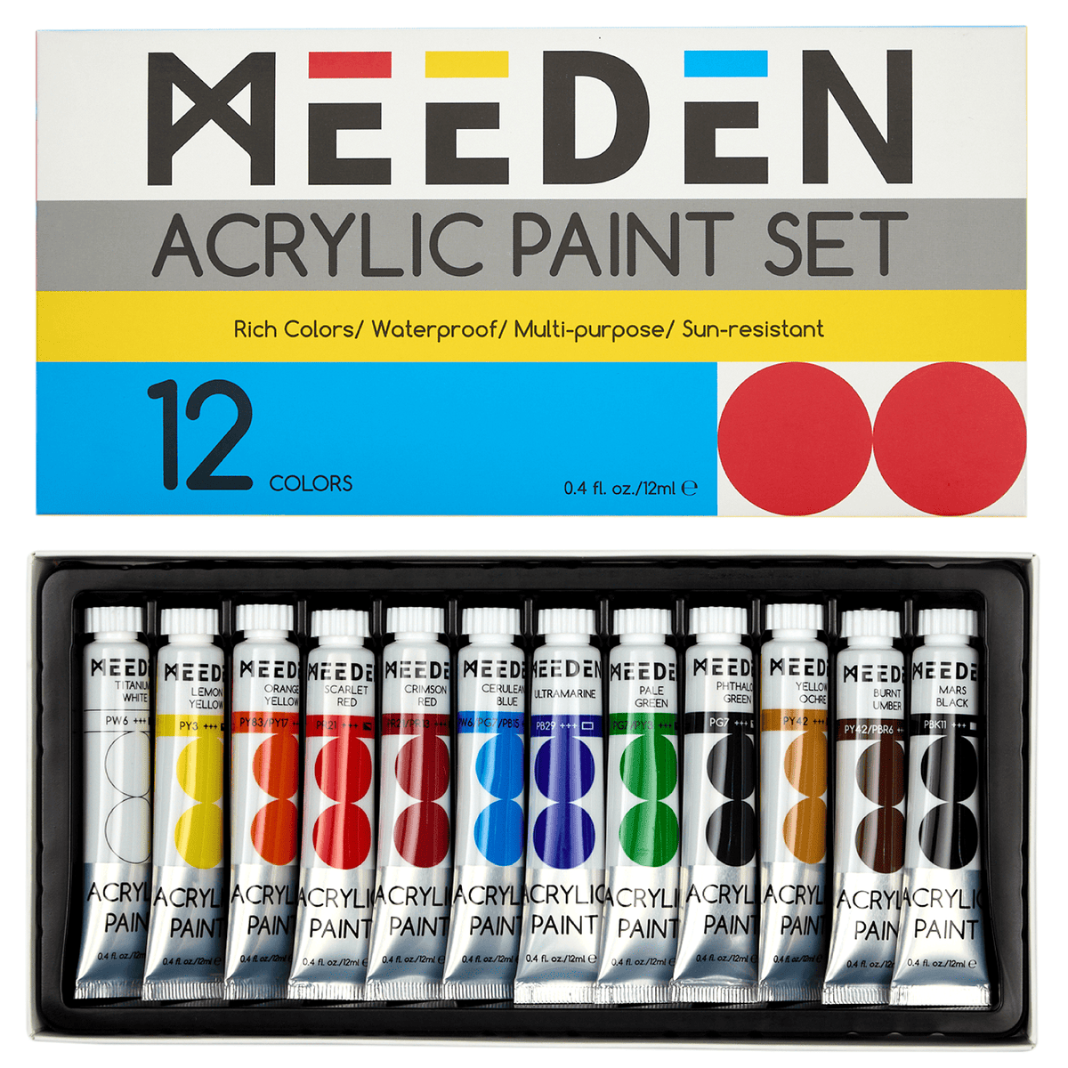 MEEDEN Acrylic Paint Set, 12 Tubes, 12 ml / 0.41 oz