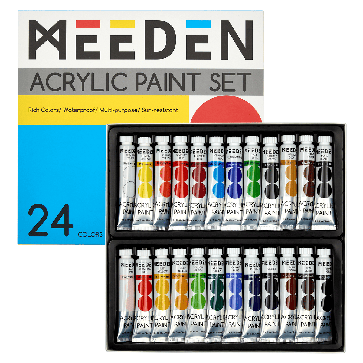MEEDEN Acrylic Paint Set, 24 Tubes, 12 ml / 0.41 oz