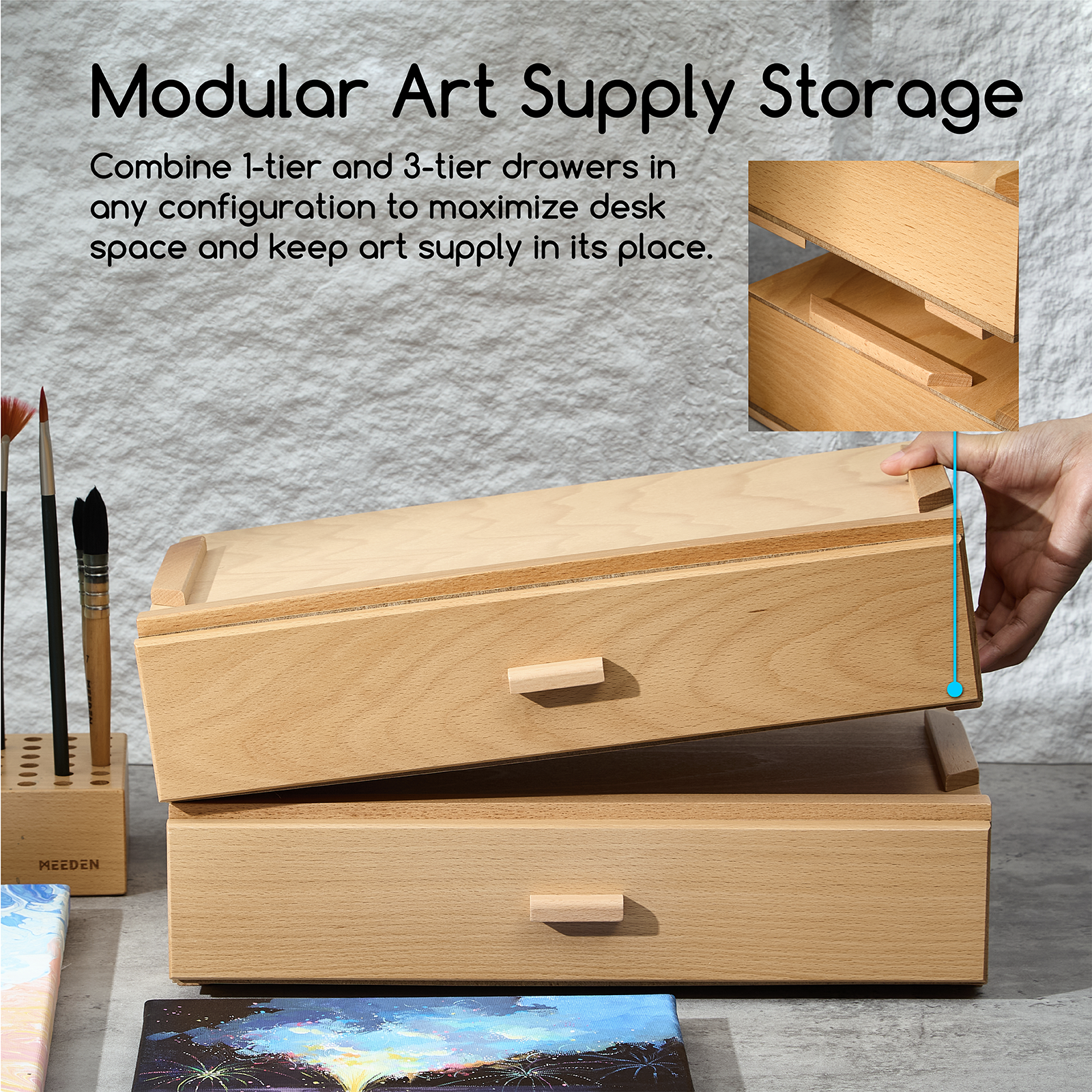MEEDEN Single Drawer Wooden Art Supply Storage Box with Dividers