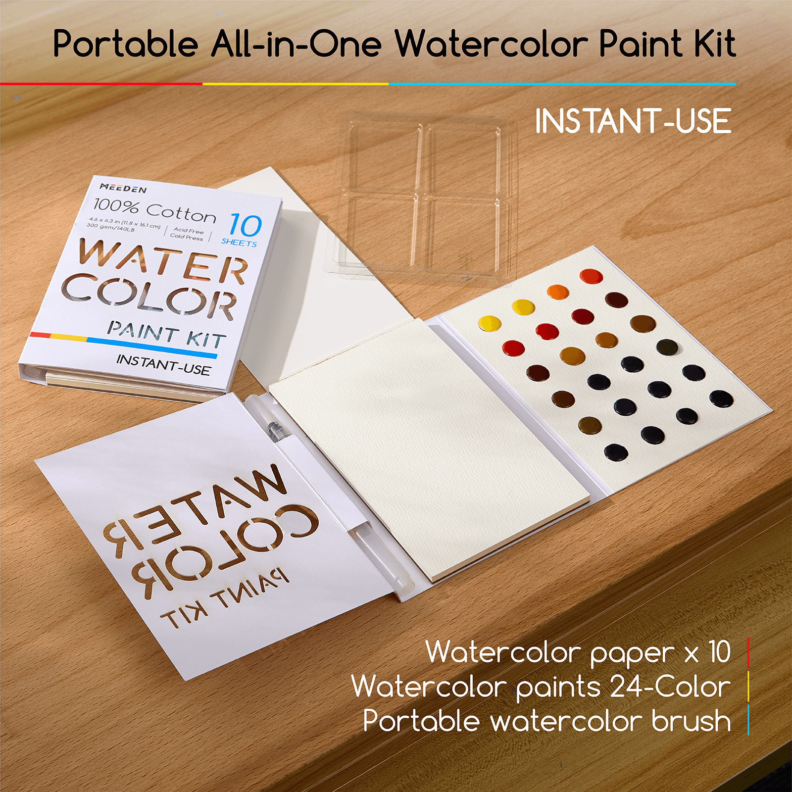 MEEDEN 24-Color Portable Watercolor Paint Kit with Paper & Water Brush