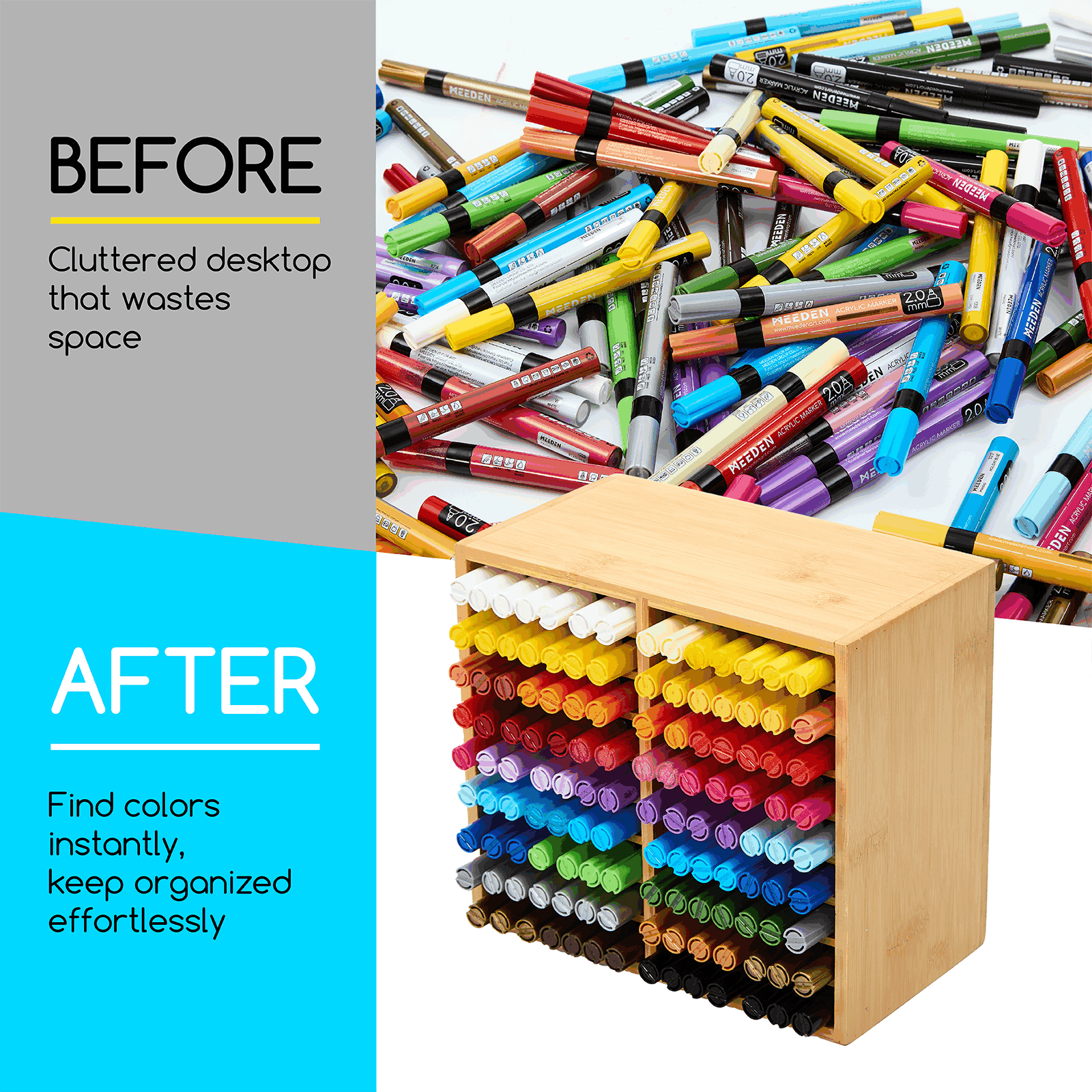 MEEDEN Bamboo 18-Compartment Marker Holder Organizer for Alcohol Markers