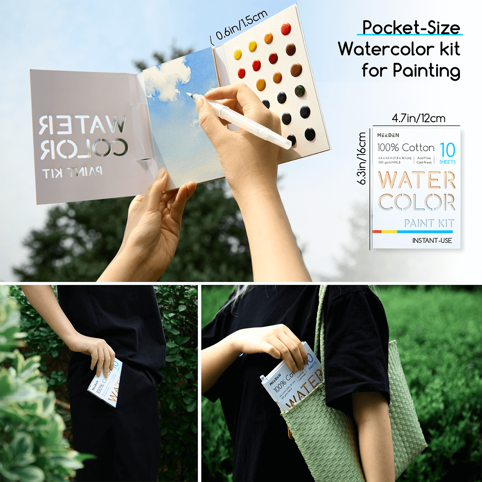 MEEDEN 24-Color Portable Watercolor Paint Kit with Paper & Water Brush