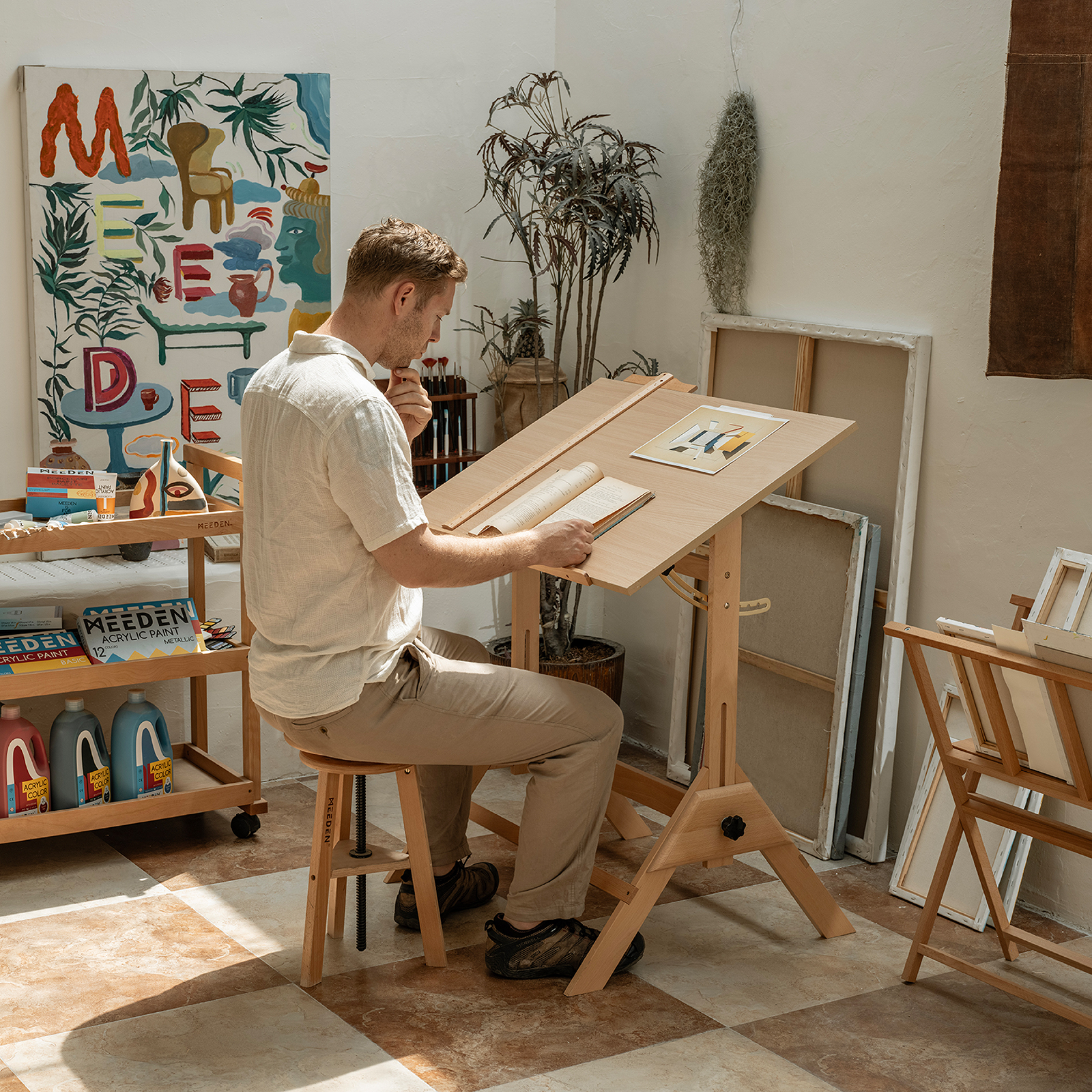 MEEDEN Adjustable Wooden Drafting Table & Stool Set , Natural-XSZ-2