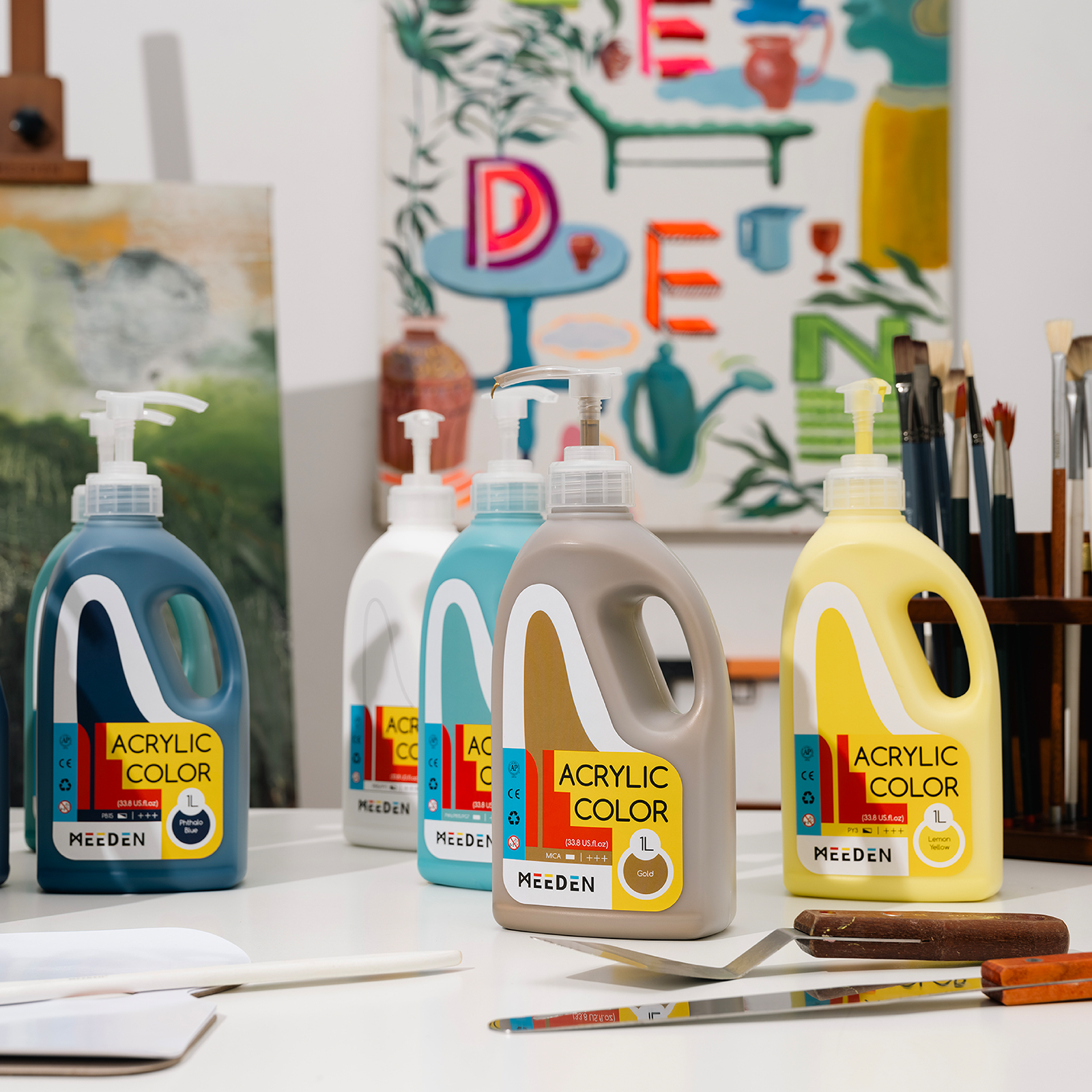 MEEDEN Viridian Green Acrylic Paint: 1 L /33.8 oz Satin Liquid Paint with Pump Lid-PTA-1060