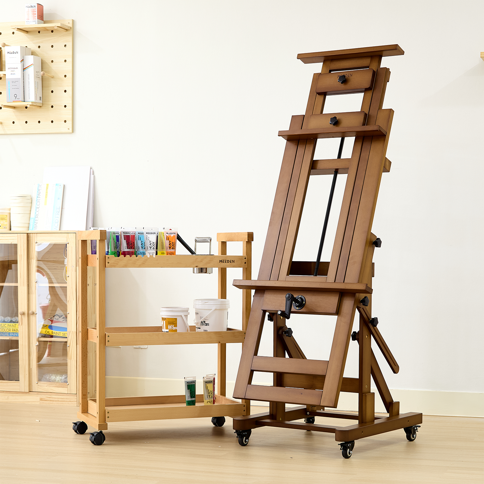 MEEDEN Deluxe Studio Large Rocker Crank Heavy Duty Artist Easel-Light Walnut-DHJ-12