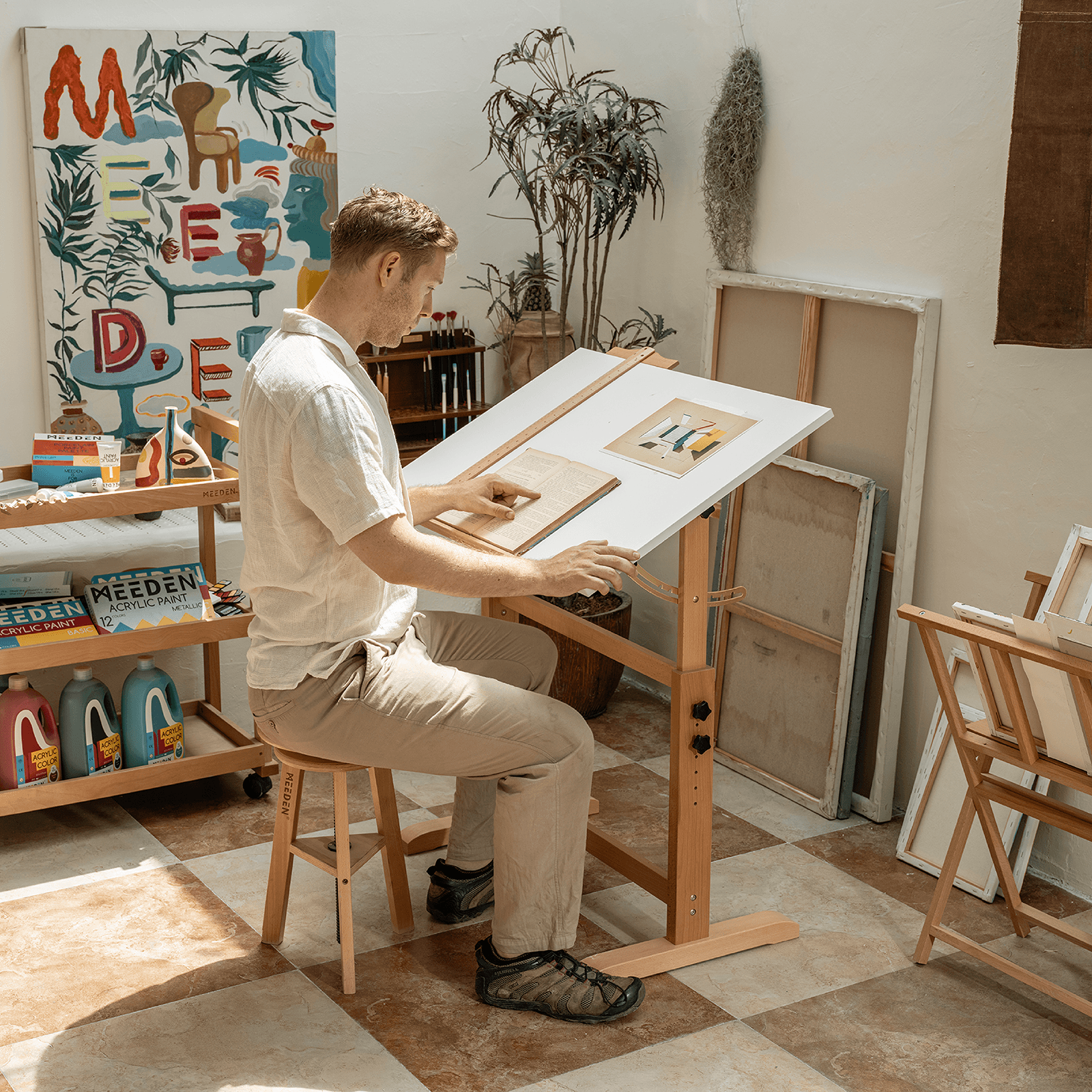 MEEDEN Adjustable Wooden Drafting Table & Stool Set, White-XSZ-5