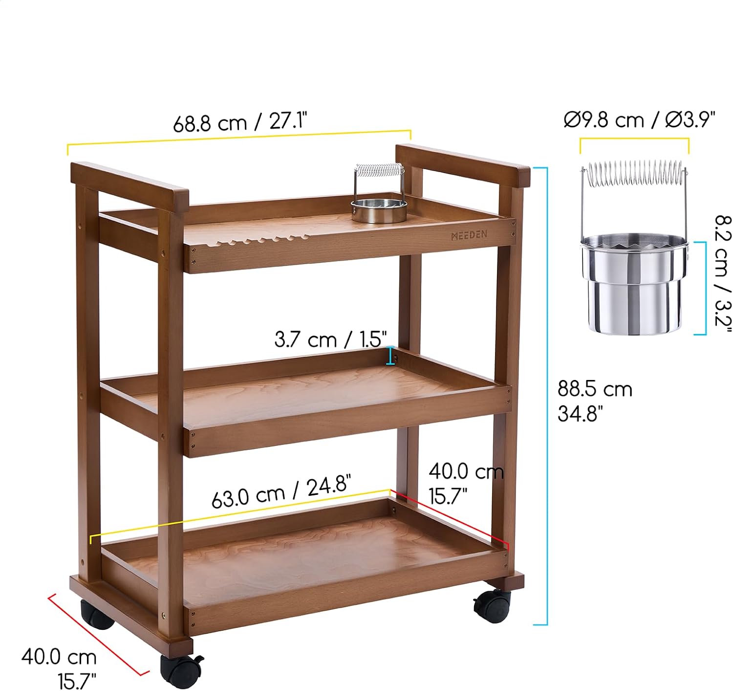MEEDEN 3-Tier Storage Art Cart/Trolley,Walnut-W13