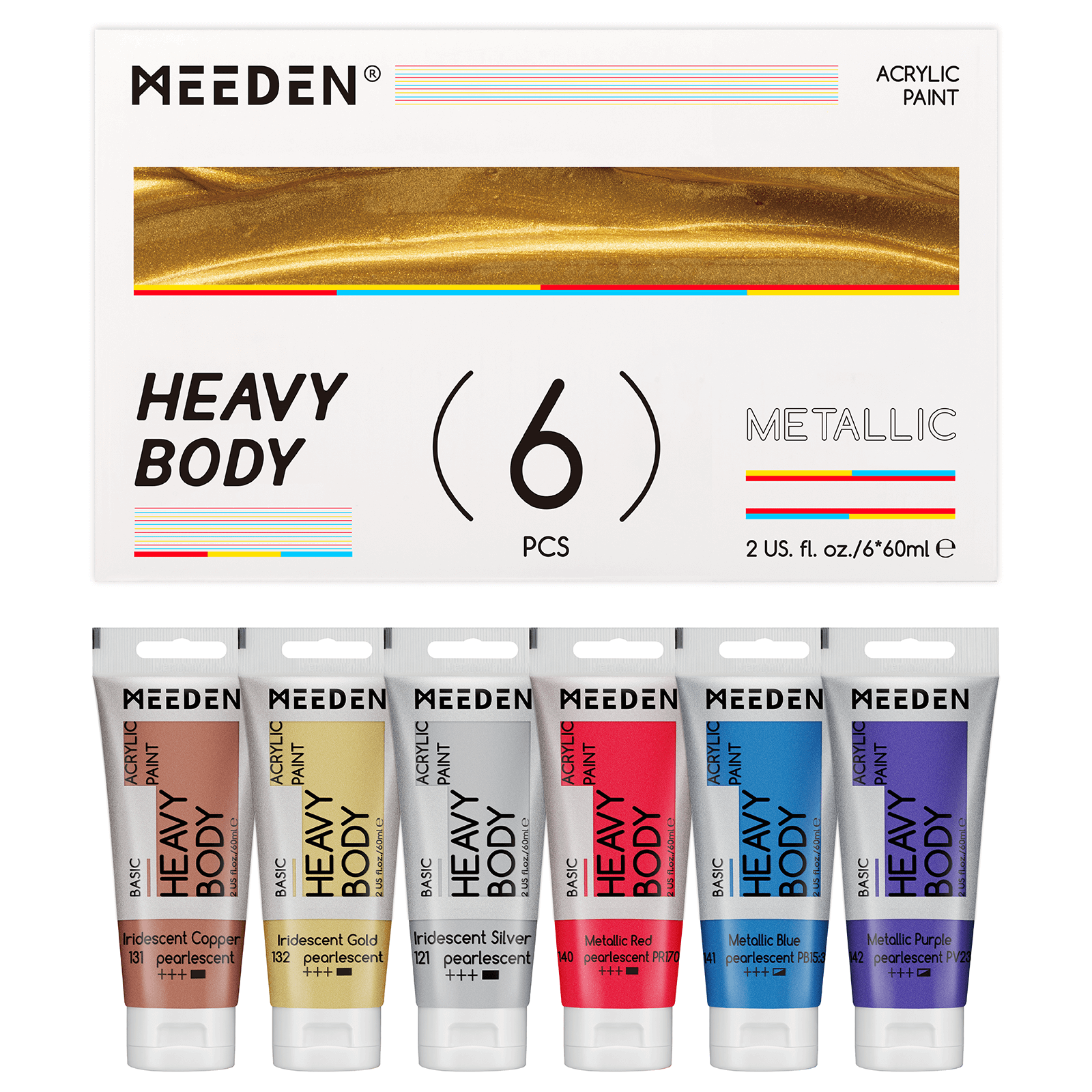 MEEDEN Heavy Body Metallic Acrylic Paint Set – 6 × 60ml