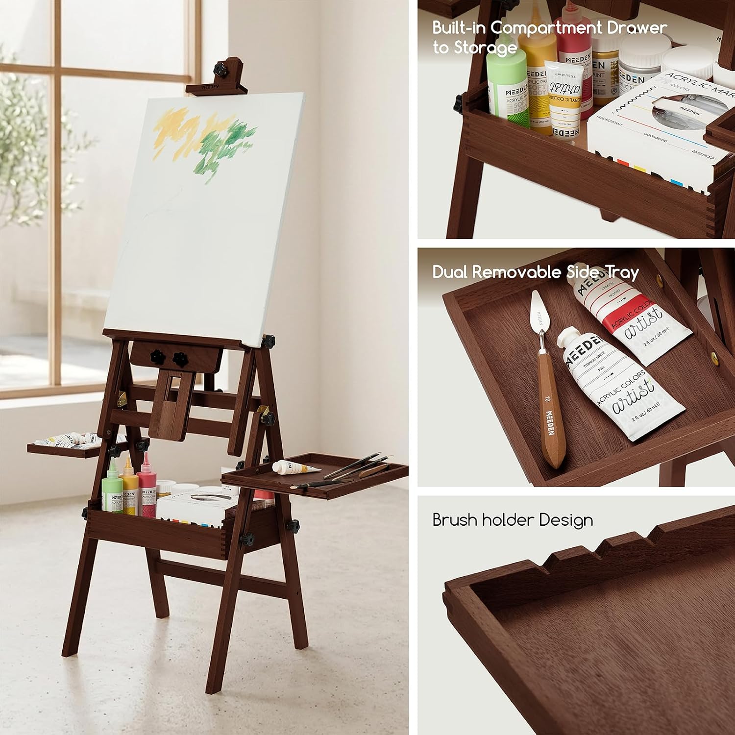 MEEDEN Large H-Frame Wooden Easel with Storage Drawer - Dark Walnut