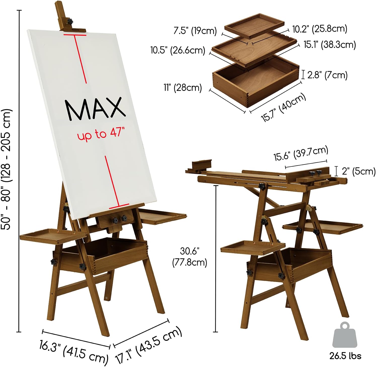 MEEDEN Large H-Frame Wooden Easel with Storage Drawer - Light Walnut