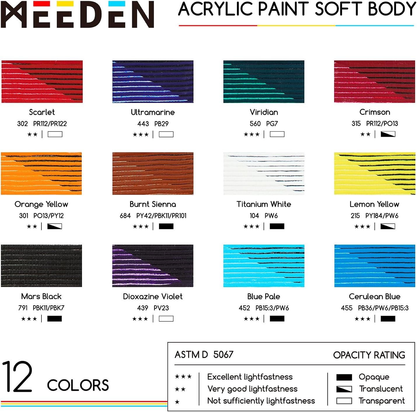 MEEDEN Soft Body Acrylic Paints Set, 12 Colors x 60ml/2oz