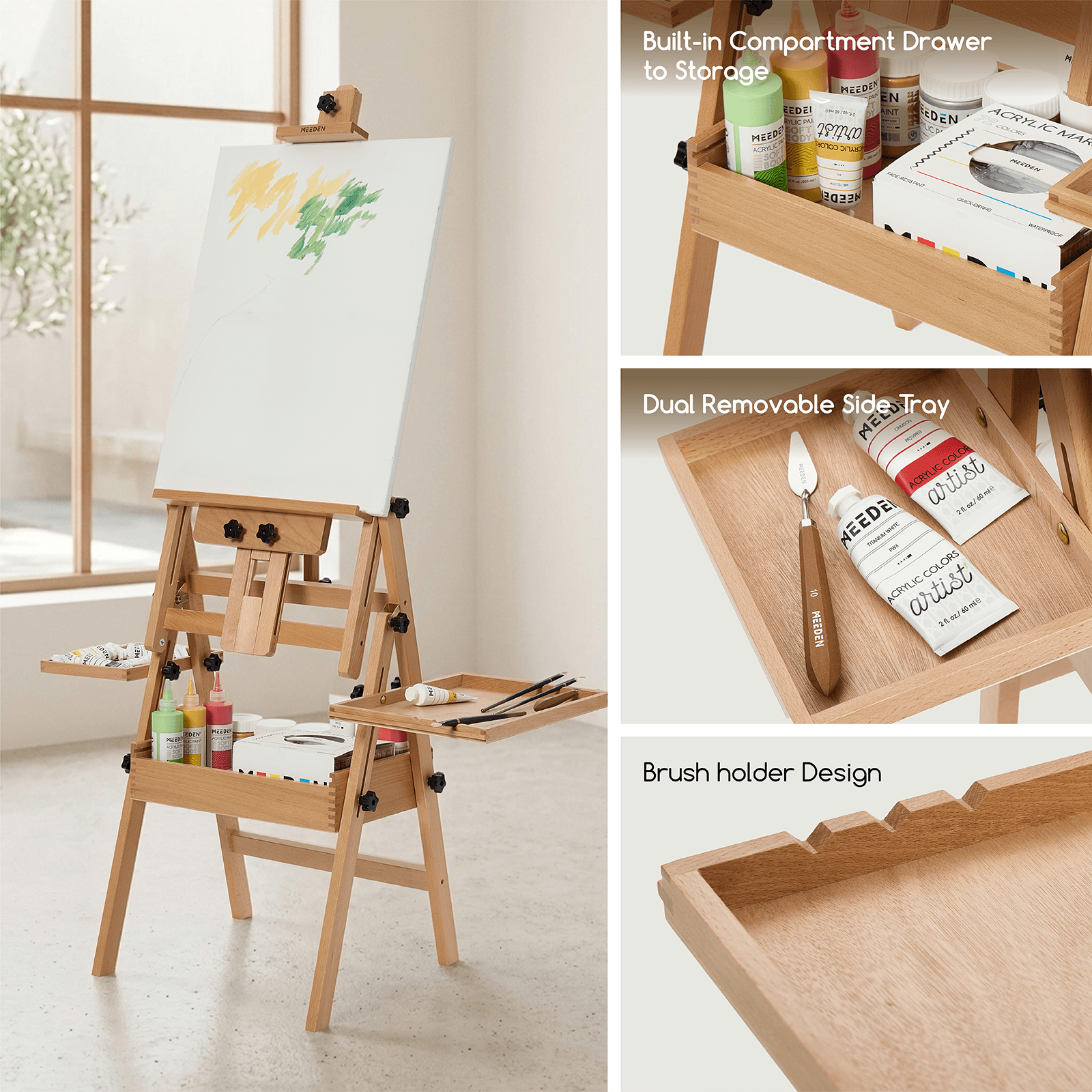 Meeden Large Wooden Painting Easel with Storage Drawer and Palette Holders