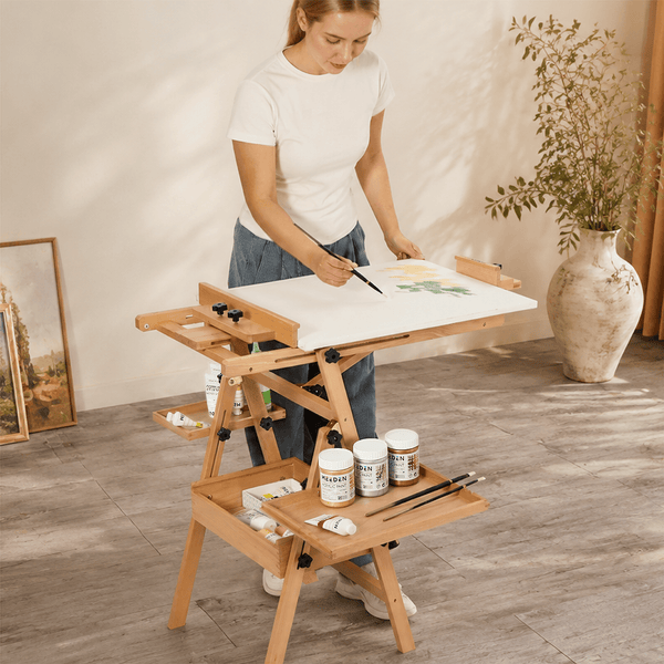 MEEDEN Large Natural Wood H-Frame Easel with Storage Drawer