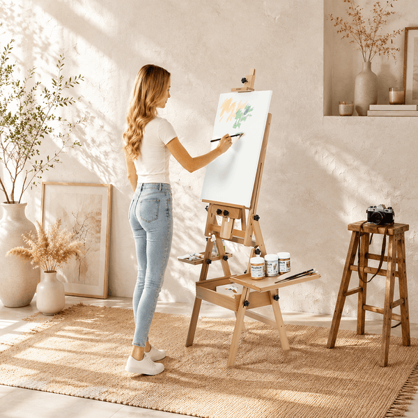MEEDEN Large Natural Wood H-Frame Easel with Storage Drawer
