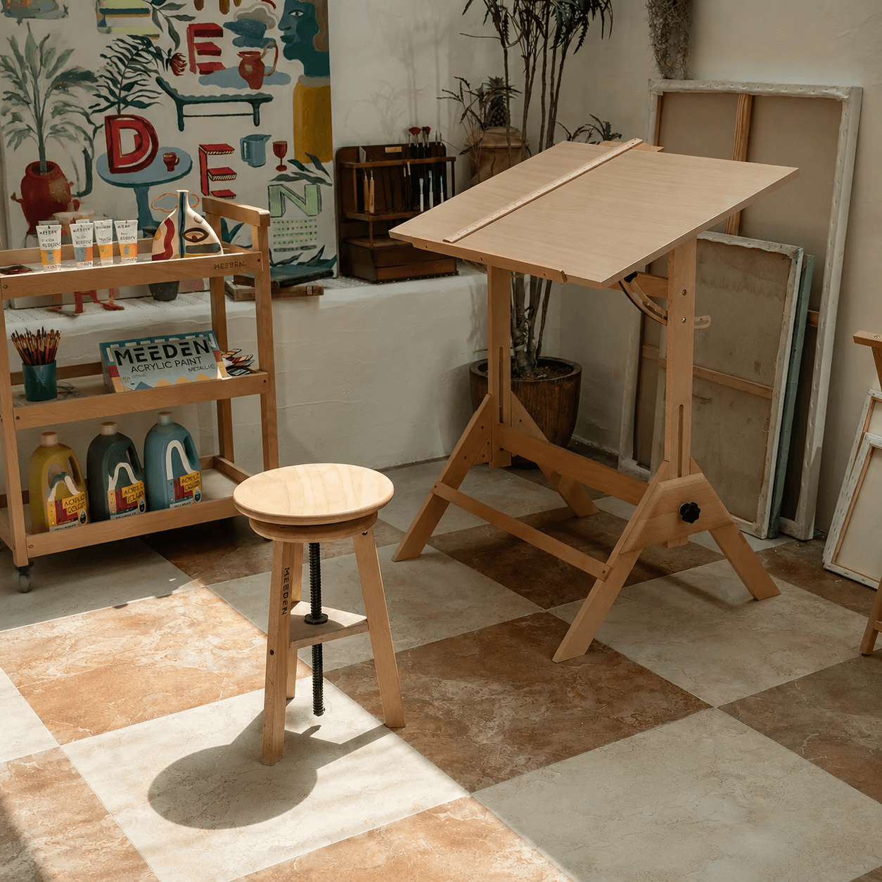 MEEDEN Wooden Drafting Stool with Adjustable Height-Natural-G-005