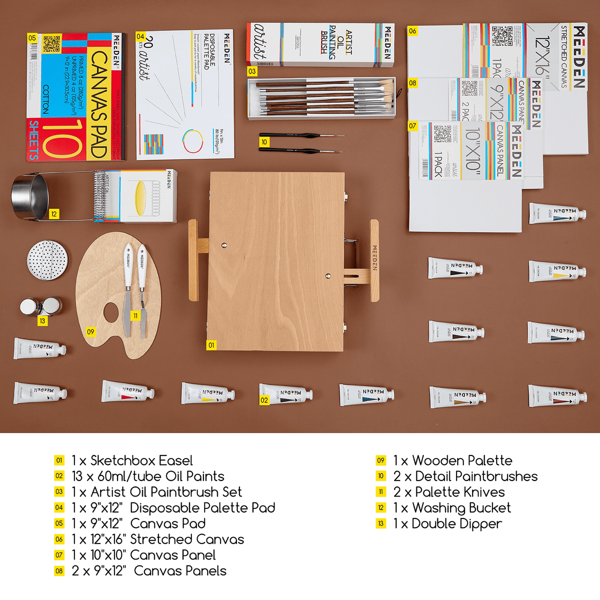 MEEDEN Artist Oil Painting Set with Sketch Easel Box, 13*50ml Tubes