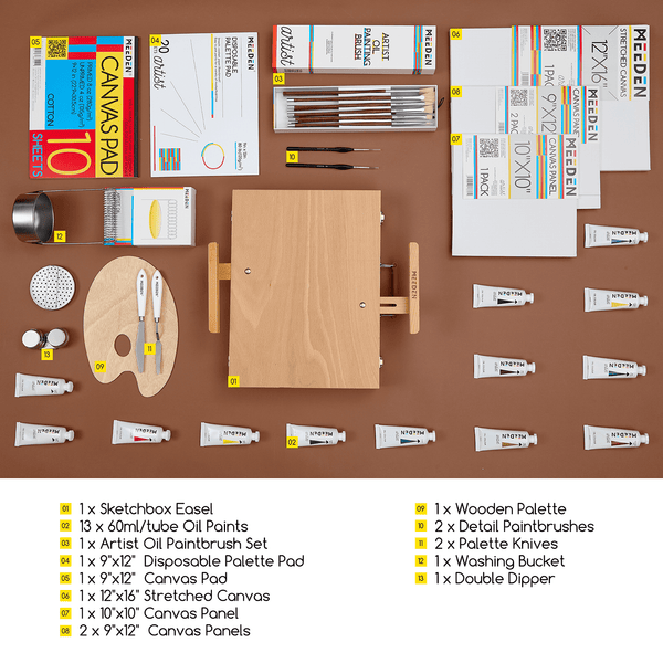 MEEDEN Artist Oil Painting Set with Sketch Easel Box, 13*50ml Tubes